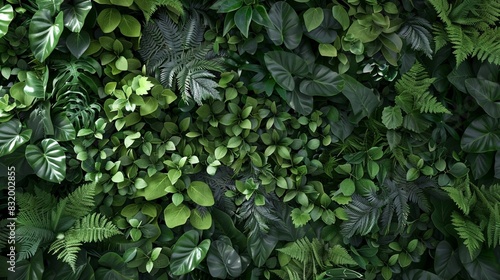 A dense wall of green leaves, ranging from dark to light green, cover the entire image. The leaves are of various sizes and shapes, and some appear to be ferns photo