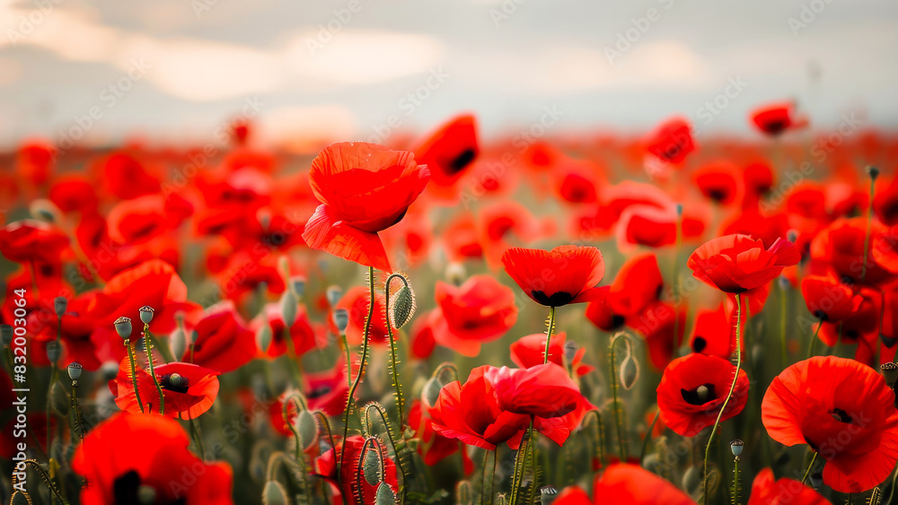 Obraz premium A mesmerizing field of vibrant red poppies in full bloom on a sunny day, capturing the beauty and tranquility of nature.