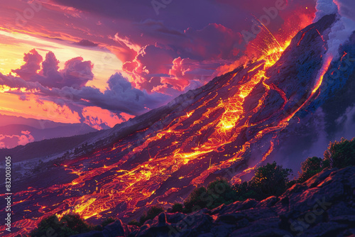Molten lava flowing down the side of a volcano during an eruption