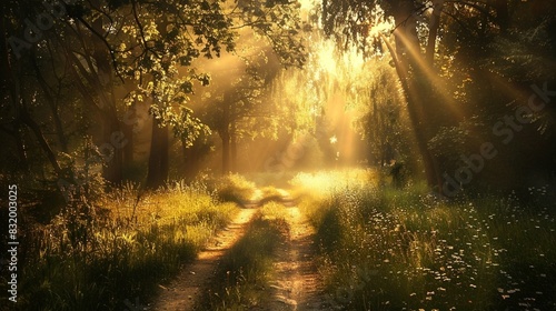 A dirt road surrounded by grass and trees with the sun shining through the trees.