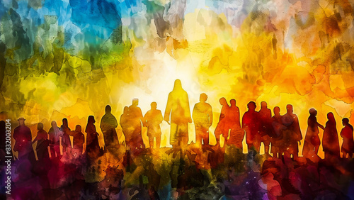 A vibrant watercolor painting featuring silhouettes of a diverse crowd of people standing together with bright colors and dynamic brushstrokes.