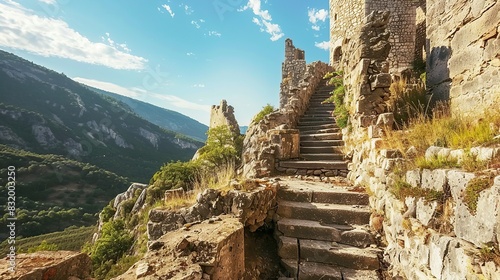 Enigmatic Citadel, Castle and Ruined Tower Stairs in Valley. Generative Ai photo