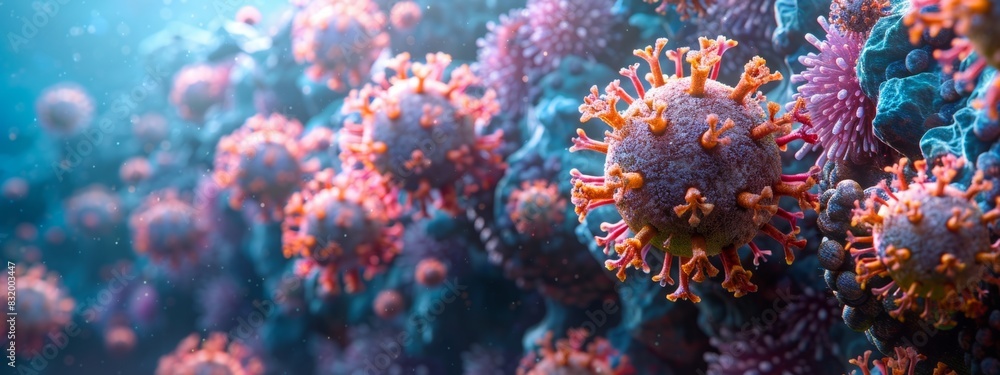 A high-resolution micrograph of virus particle with the spherical core and spiky protein envelope clearly visible A high-resolution micrograph of virus particle with the spherical core and spiky protein envelope clearly visible