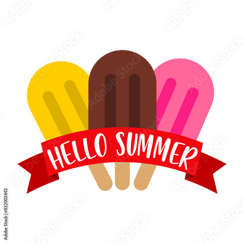 Logo popsicle. Grupo de varios helados de paleta con texto manuscrito Hello Summer en bandera de cinta