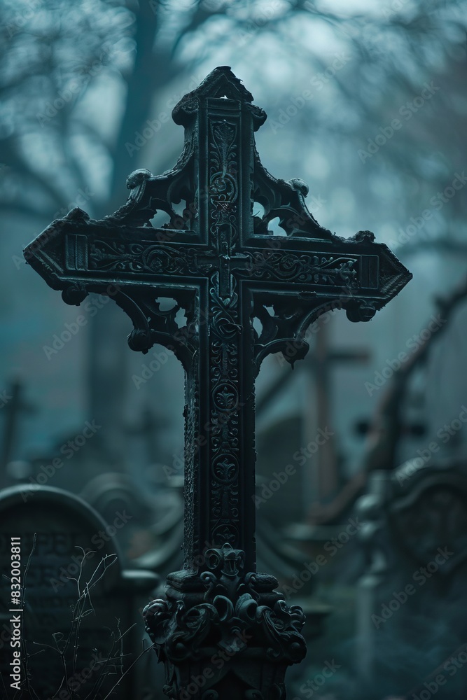 Ornate Cross in Misty Old Graveyard
