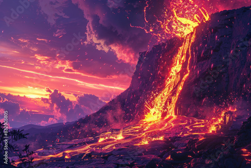 Molten lava flowing down the side of a volcano during an eruption