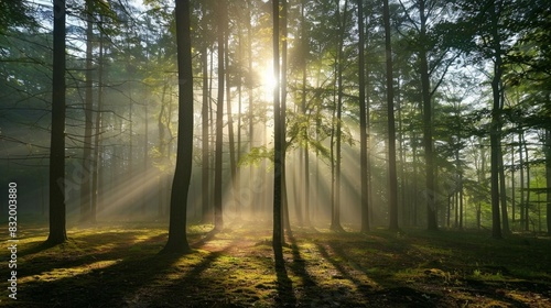 A foggy forest with tall trees casting shadows on the ground.