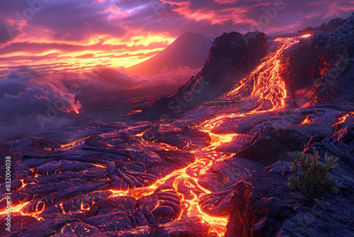 Molten lava flowing down the side of a volcano during an eruption