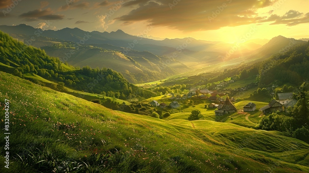 A grassy hillside with a small village nestled in the valley below. The sun is setting in the distance, casting a warm glow over the scene.