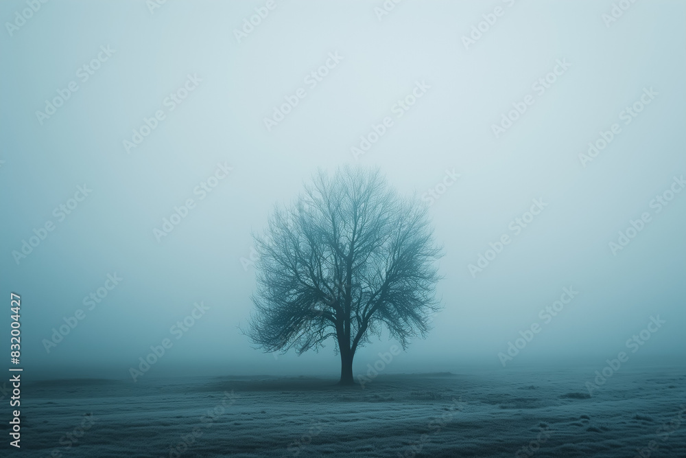 A foggy morning with a single tree barely visible A foggy morning with a single tree barely visible