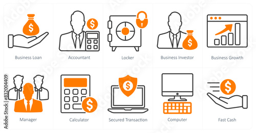 A set of 10 business and office icons as business loan, accountant, locker