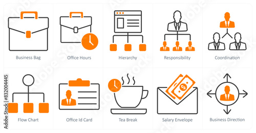 A set of 10 business and office icons as business bag, office hours, hierarchy