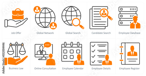 A set of 10 business and office icons as job offer, global network, global serach