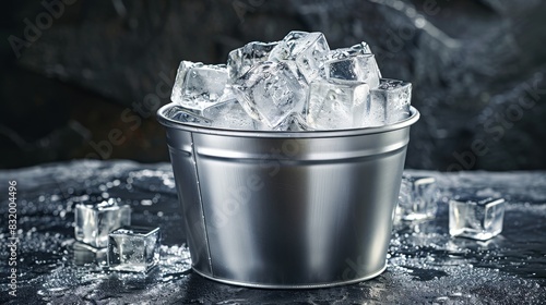 Refreshing metal bucket with perfectly frozen ice cubes, studio lighting creating a crisp isolated background photo