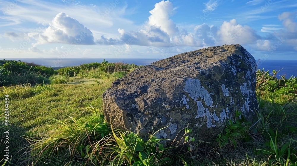 A large rock is situated in the middle of a grassy hill, surrounded by various plants. The sky is blue with some clouds, and the ocean can be seen in the background.