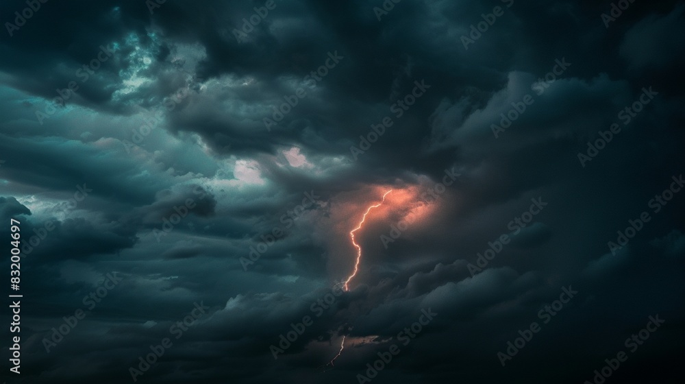 A lightning bolt strikes in the middle of a dark, cloudy sky.