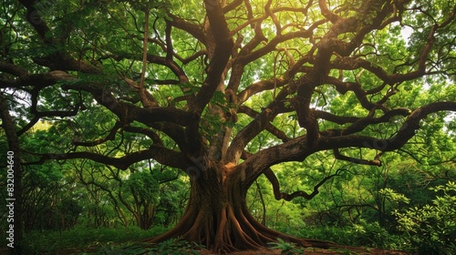 a large tree with a thick trunk and many branches covered in green leaves. The tree is set in a forest with other trees visible in the background