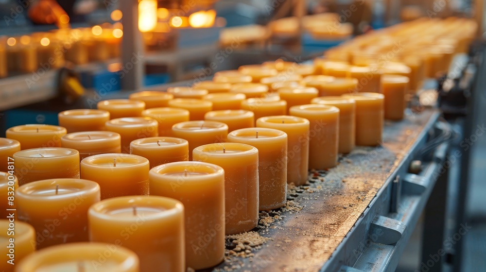 Production line close-up, natural candles in various stages of packaging, industrial scented candle plant, state-of-the-art equipment Production line close-up, natural candles in various stages of packaging, industrial scented candle plant, state-of-the-art equipment