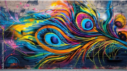 A graffiti wall with a vibrant abstract peacock feather design