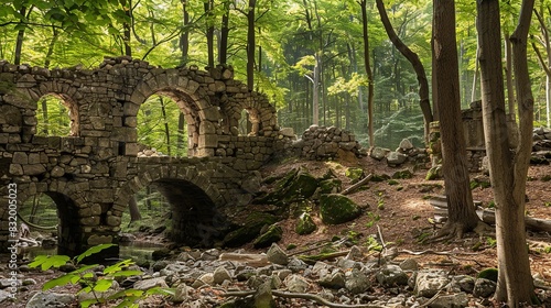 Enigmatic Relics  Old Stone Bridge and Ancient Ruins Amidst Forest. Generative Ai