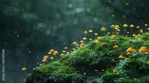 A mossy surface with a group of small mushrooms growing on it  against a dark green background.