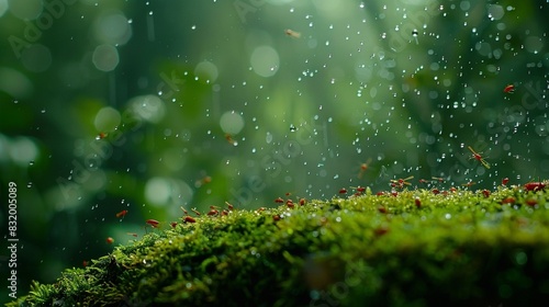A mossy surface with water droplets, some small red bugs, and a blurry green background.