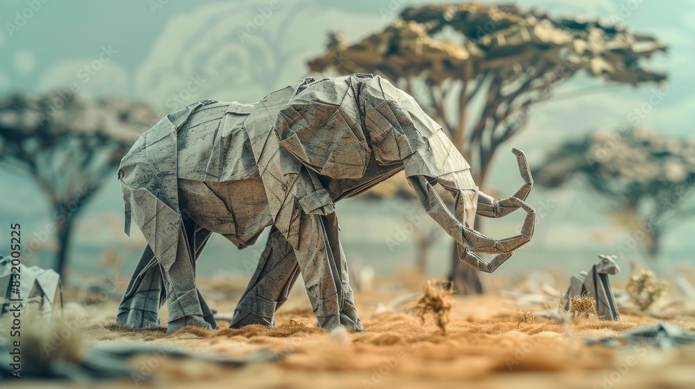 Fototapeta premium Origami mammoth in a barren African landscape, surrounded by faded origami trees and animals, representing the consequences of extinction