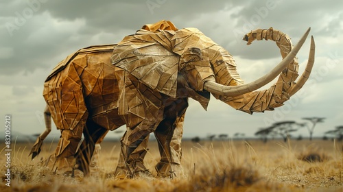 Origami mammoth made from aged paper, set in a desolate African savannah, tusks broken, symbolizing poaching and extinction photo