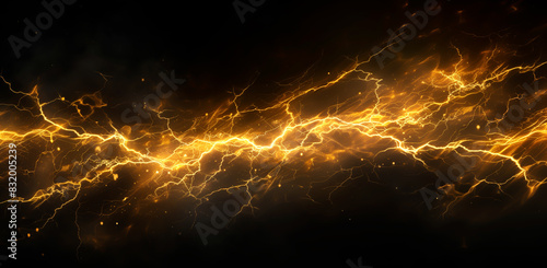 Vibrant yellow lightning bolt arcing across a dark black background, capturing the raw energy and power of electricity. Isolated on black background.