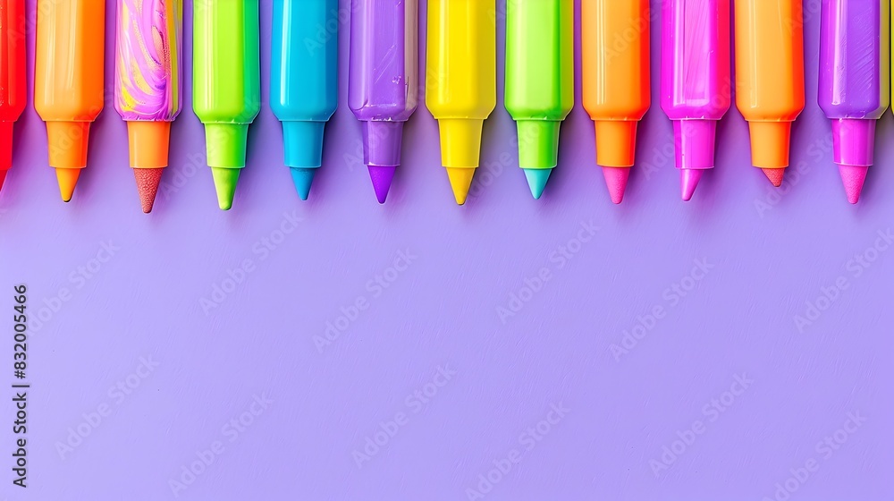 Highlighters Vibrantly Occupying the Edge of a Minimalist Lavender Background Conveying a Carnival Highlighters Vibrantly Occupying the Edge of a Minimalist Lavender Background Conveying a Carnival