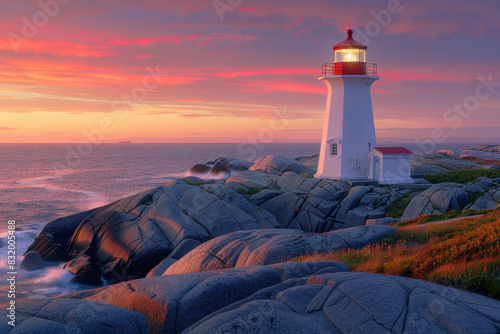 A solitary lighthouse stands guard over a rocky shore at dawn