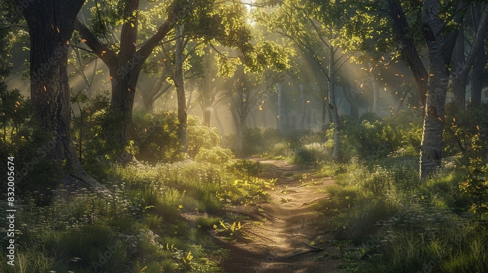 A path through a forest with trees and grass, and the sun shining through the trees.