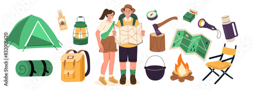 Camping stickers set. Characters preparing to camping and taking tent, lantern and other outdoor gear. Summer activity concept. Vector illustration.