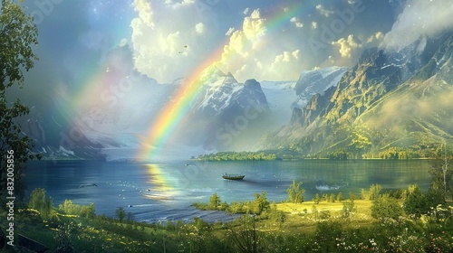 A rainbow arcs over a lush green landscape with a boat on the water and mountains in the background.