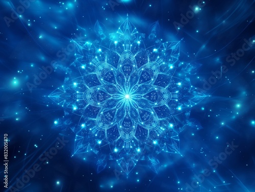 A radiant blue mandala with intricate patterns glows against a cosmic background filled with stars.