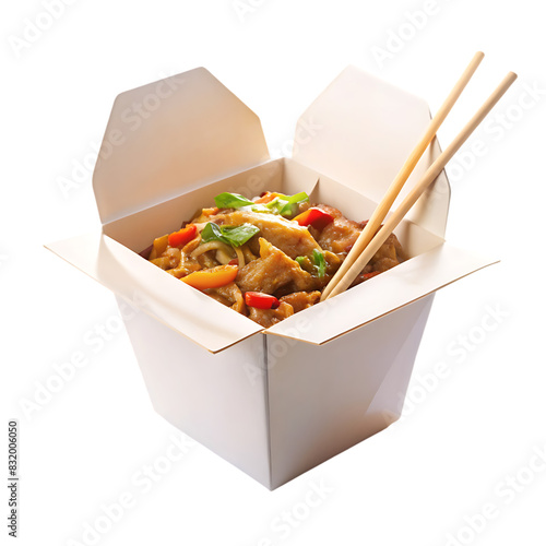 Takeout noodles with meat and vegetables in paper box isolated on transparent background