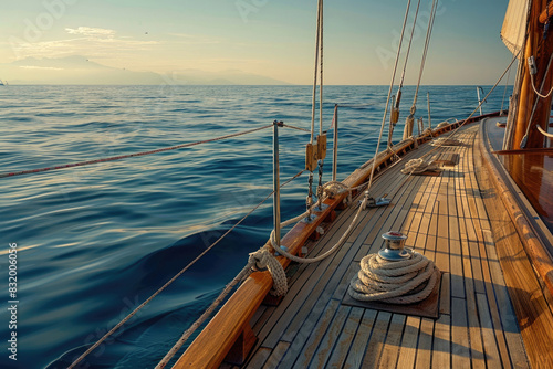 Sailboat with wooden deck, mast, and ropes against a calm sea and clear sky