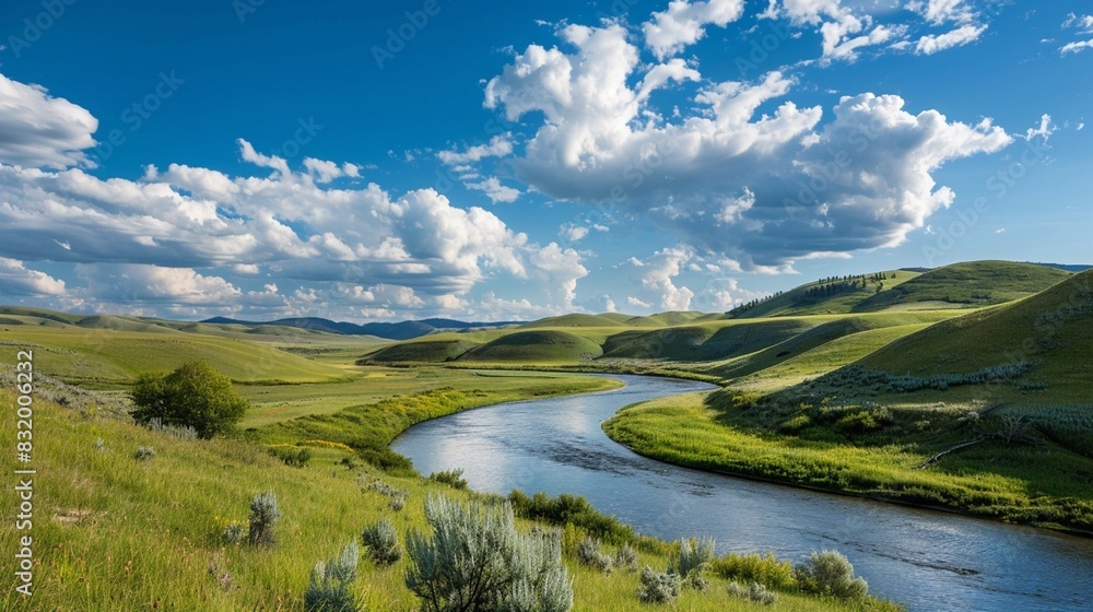 A river winds through a valley between green hills, under a blue sky with fluffy white clouds.