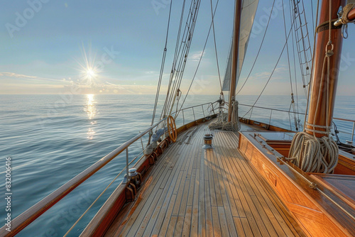 Sailboat with wooden deck, mast, and ropes against a calm sea and clear sky © Veniamin Kraskov