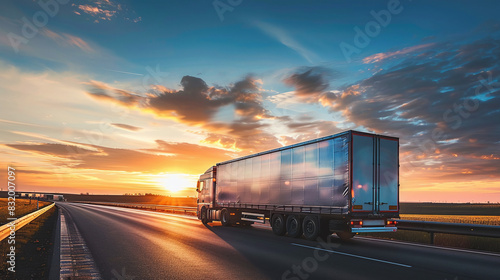 A truck with a trailer drives along the highway against the backdrop of the sunset