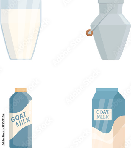 Set of four colorful goat milk containers in different forms, isolated on white background