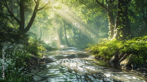 A serene stream flows through a lush forest with bright sunlight filtering through the trees.