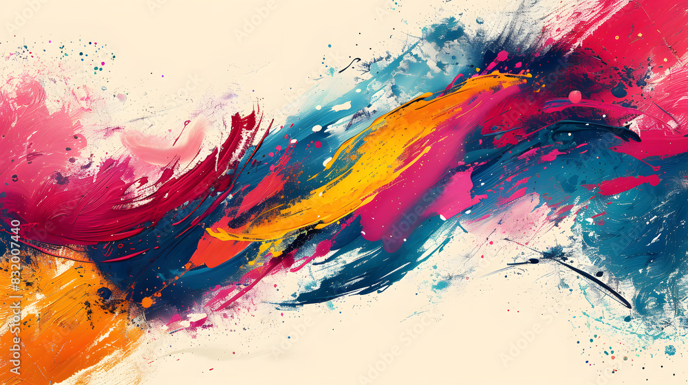 An abstract background featuring overlapping paint splashes. Use a variety of bright colors and dynamic shapes to create a sense of spontaneity and creative expression, reminiscent of action pa