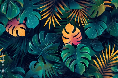 Seamless pattern with vibrant summer leaves.