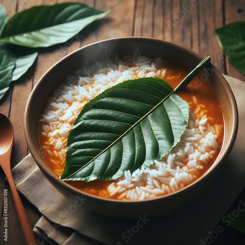 A leave relaxes in a bowl of curry with rice.  photo