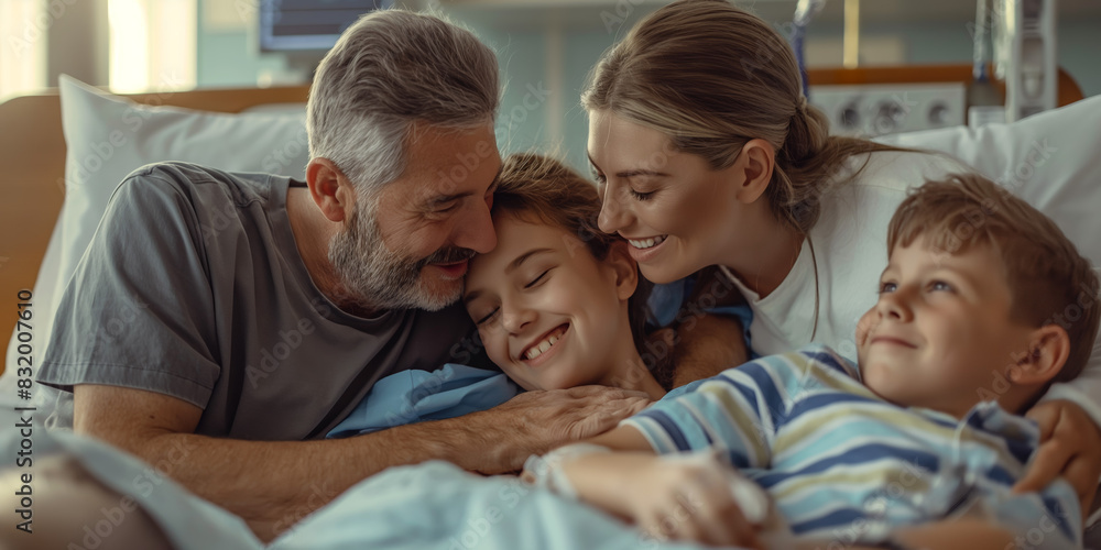 An emotional scene of a family with two adults and a child embracing while in bed, portraying comfort and care An emotional scene of a family with two adults and a child embracing while in bed, portraying comfort and care