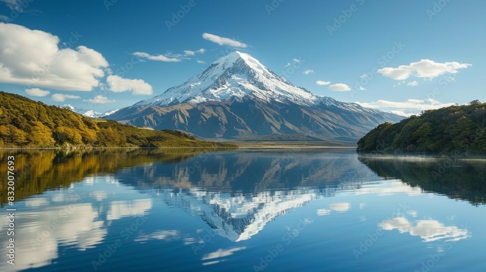 A snow-capped mountain peak is reflected in a glassy lake.