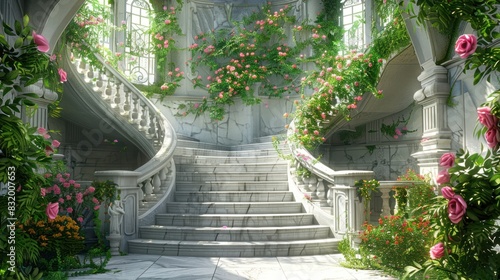 Marble white stairs with flower garlands, fantasy palace or heaven stone stair with floral decorations, fairytale interior, AI generated image photo