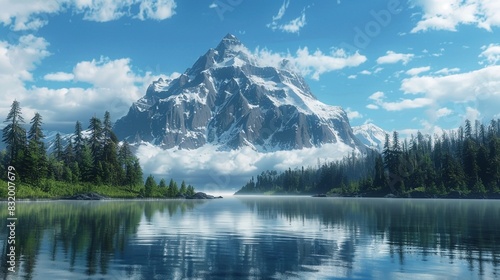 A snow-capped mountain peak is reflected in a glassy lake.