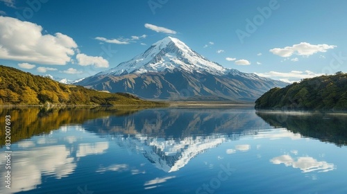A snow-capped mountain peak is reflected in a glassy lake.